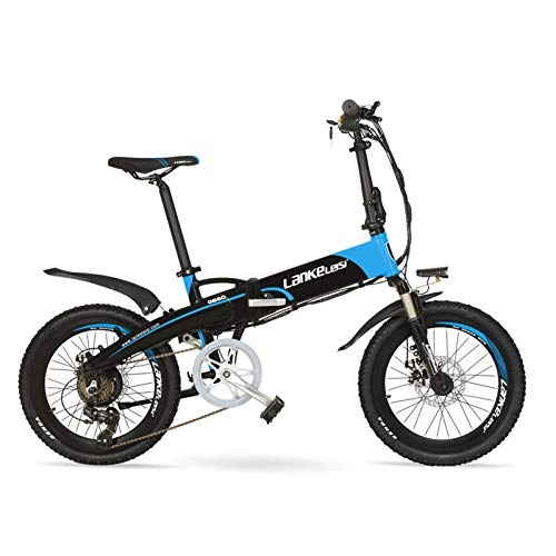 Electric Bike : LANKELEISI G660 20 Inch Folding Mountain Bike 500W Motor 48V 14.5Ah Lithium Battery Suspension Fork Pedal Assist Electric Bike (Black Blue, 500W 14.5Ah + 1 Spare Battery)