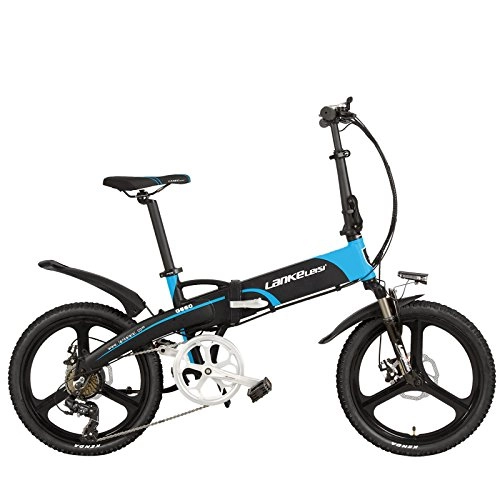Electric Bike : LANKELEISI G660 Elite 20 Inches Folding Electric Bicycle, 48V 10Ah Lithium Battery, Aluminum Alloy Frame, Integrated Wheel, 5 Grade Assist (Black Blue, Standard)