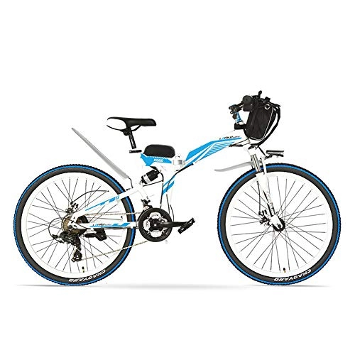 Electric Bike : LANKELEISI K660 26 Inch Powerful Folding Electric Bicycle, 21 Speed Mountain Bike, 48V 500W Motor, Full Suspension, Front and Rear Disc Brake (White Blue)