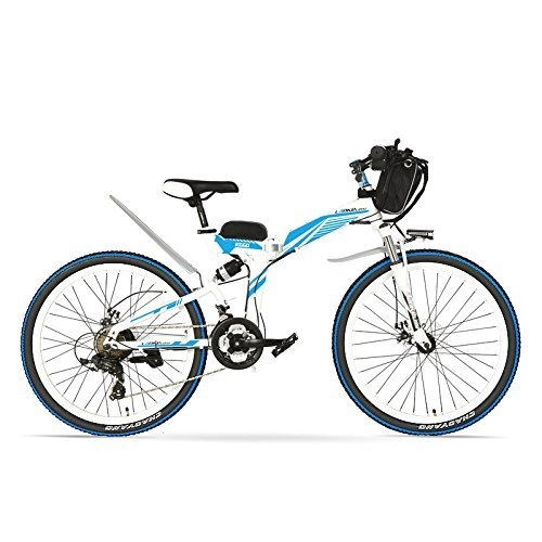 Electric Bike : LANKELEISI K660D 26 Inches Strong Powerful E Bike, 48V 12AH 500W Motor, Full Suspension High-carbon Steel Frame, Folding Electric Bicycle, Disc Brake. (White Blue, 500W)