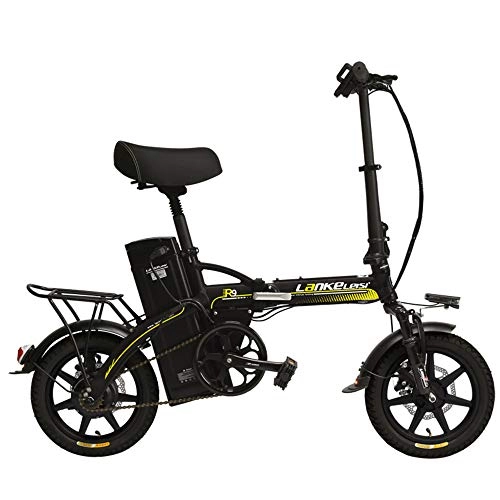 Electric Bike : LANKELEISI R9 14 Inch Electric Bicycle, 350W / 240W Motor, 48V 23.4Ah Large Capacity Lithium Battery, 5 Grade Assist Folding Ebike, Disc Brakes (Black Yellow, 350W + 1 Spare Battery)