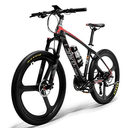 Electric Bike : LANKELEISI S600 26'' Electric Bike Carbon Fiber Frame 240W Mountain Bike, Torque Sensor System, Oil and Gas Lockable Suspension Fork (Black Red Plus 1 Extra 6.8Ah)