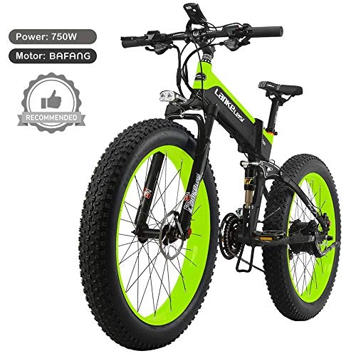 Electric Bike : LANKELEISI T750plus 26'' Folding Electric Fat Bike Snow Bike, Bafang 750W Motor, Top Brand Lithium Battery, Optimized Operating System (Green A, 10.4Ah)