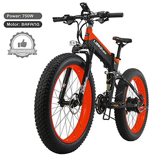 Electric Bike : LANKELEISI T750plus 26'' Folding Electric Fat Bike Snow Bike, Bafang 750W Motor, Top Brand Lithium Battery, Optimized Operating System (Red A, 14.5Ah)