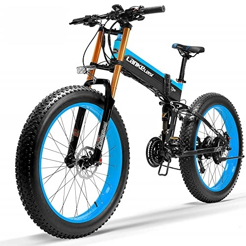 Electric Bike : LANKELEISI T750plus 26 Inch Folding Electric Mountain Bike Snow Bike for Adult, 27 Speed E-bike with Removable Battery (Blue, 10.4Ah)