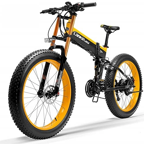Electric Bike : LANKELEISI T750plus 26 Inch Folding Electric Mountain Bike Snow Bike for Adult, 27 Speed E-bike with Removable Battery (Yellow, 10.4Ah)