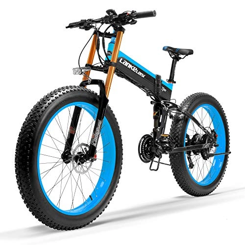Electric Bike : LANKELEISI T750Plus 27 Speed 1000W Folding Electric Bike 26 * 4.0 Fat Bike 5 PAS Hydraulic Disc Brake 48V 10Ah Removable Lithium Battery Charging, Pedelec(Black Blue Upgraded, 1000W + 1 Spare Battery)