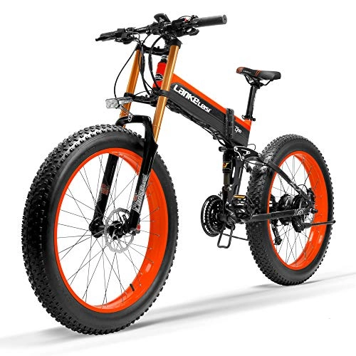 Electric Bike : LANKELEISI T750Plus 27 Speed 1000W Folding Electric Bike 26 * 4.0 Fat Bike 5 PAS Hydraulic Disc Brake 48V 10Ah Removable Lithium Battery Charging, Pedelec(Black Red Upgraded, 1000W + 1 Spare Battery)