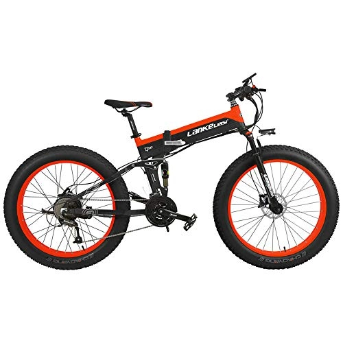 Electric Bike : LANKELEISI T750Plus 27 Speed 500W Folding Electric Bicycle 26 * 4.0 Fat Bike 5 PAS Hydraulic Disc Brake 48V 10Ah Removable Lithium Battery Charging (Black Red Standard, 500W + 1 Spare Battery)