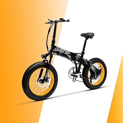 Electric Bike : LANKELEISI X2000 20 4.0 Inch Big Tire 48V 1000W 12.8AH Fat Tire Aluminum Alloy Frame Pull Electric Bike Foldable for Adult Female / Male for Mountain / Beach / Snow E-Bike (Yellow)