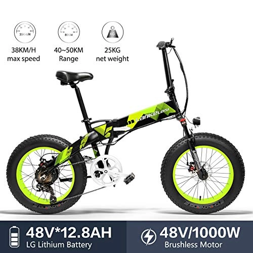 Electric Bike : LANKELEISI X2000 48V 1000W 12.8AH 20 x 4.0 Inch Fat Tire 7 speed Shimano Shifting Lever Electric Bike Foldable, for Adult Female / Male for mountain bike snow bike (Geen)