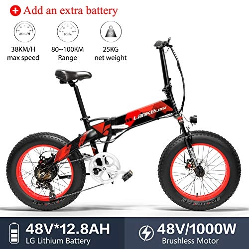 Electric Bike : LANKELEISI X2000 48V 1000W 12.8AH 20 x 4.0 Inch Fat Tire 7 speed Shimano Shifting Lever Electric Bike Foldable, for Adult Female / Male for mountain bike snow bike (Red +1 extra battery)