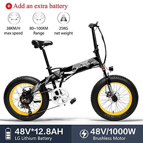 Electric Bike : LANKELEISI X2000 48V 1000W 12.8AH 20 x 4.0 Inch Fat Tire 7 speed Shimano Shifting Lever Electric Bike Foldable, for Adult Female / Male for mountain bike snow bike (Yellow +1 extra battery)