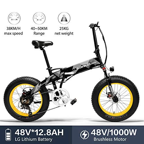 Electric Bike : LANKELEISI X2000 48V 1000W 12.8AH 20 x 4.0 Inch Fat Tire 7 speed Shimano Shifting Lever Electric Bike Foldable, for Adult Female / Male for mountain bike snow bike (Yellow)