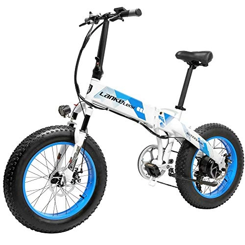 Electric Bike : LANKELEISI X2000 7 Speed Folding Electric Bicycle 48V 500W Motor 20 * 4.0 Inch Fat Tire Mountain Bike Snow Bike Assisted E-bike for Adult (Blue, 10.4Ah)