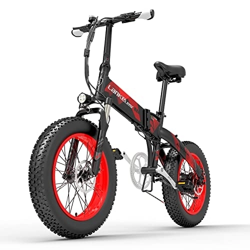 Electric Bike : LANKELEISI X2000plus 7 Speed Folding Electric Bicycle 48V Hidden Lithium Battery 20 * 4.0 Inch Fat Tire Mountain Bike Snow Bike For Adult (10.4Ah, Black Red)
