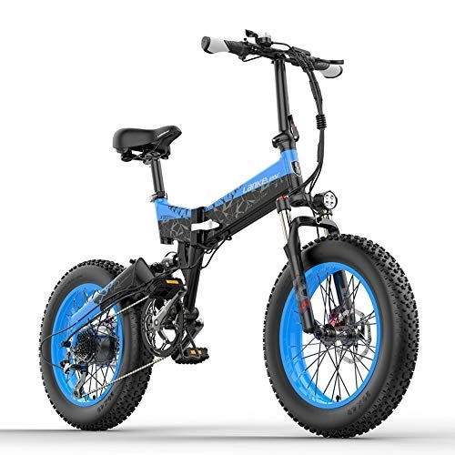 Electric Bike : LANKELEISI X3000plus 20 Inch Fat Bike Folding Electric Mountain Bike, Power Assist Bicycle with 48V Removable Battery (Blue, 14.5Ah + 1 Spare Battery)