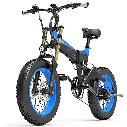 Electric Bike : LANKELEISI X3000plus-UP Folding Electric Bike for Men and Women, 20 Inch Mountain Bike, Pneumatic Shock Absorbers Front Fork (Blue, 14.5Ah + 1 Spare Battery)