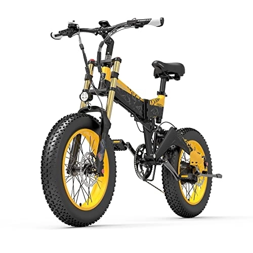 Electric Bike : LANKELEISI X3000plus-UP Folding Electric Bike for Men and Women, 20 Inch Mountain Bike, Pneumatic Shock Absorbers Front Fork (Yellow, 14.5Ah + 1 Spare Battery)