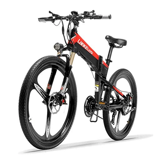 Electric Bike : LANKELEISI XT600 26'' Folding Ebike 400W 12.8Ah Removable Battery 21 Speed Mountain Bike 5 Level Pedal Assist Lockable Suspension Fork (Black Red, 10.4Ah + 1 Spare Battery)