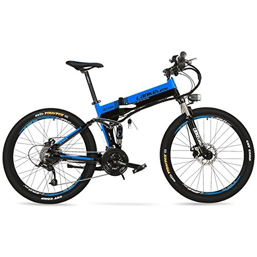Electric Bike : LANKELEISI XT750 36V 12.8Ah Hidden Lithium Battery, 26" Folding Electric Bicycle, Speed 25~35km / h, High Quality Mountain Bike, Suspension Fork (Black Blue, Plus 1 Spare Battery)