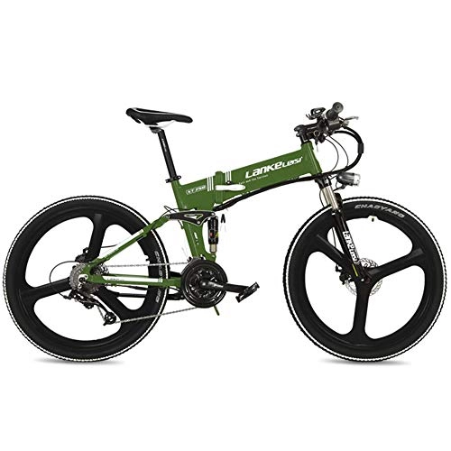 Electric Bike : LANKELEISI XT750 Cool 26" Foldable Electric Mountain Bike, Adopt 36V 12.8Ah Hidden Lithium Battery, Long Endurance (Green, Standard)