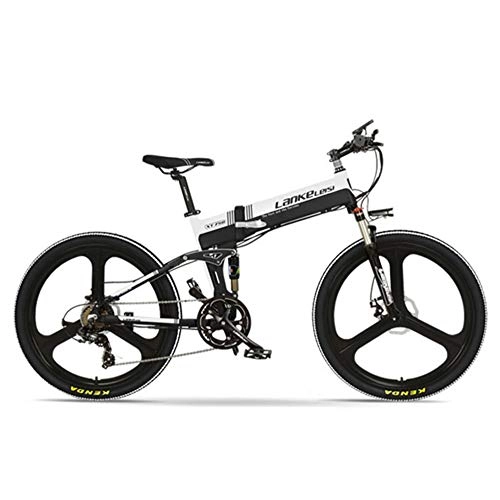 Electric Bike : LANKELEISI XT750-E 26 Inch Folding Electric Bike, Front & Rear Disc Brake, 48V 400W Motor, Long Endurance, with LCD Display, Pedal Assist Bicycle (Black White, 14.5Ah + 1 Spare Battery)