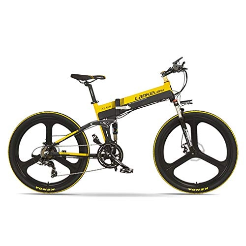 Electric Bike : LANKELEISI XT750-E 26 Inch Folding Electric Bike, Front & Rear Disc Brake, 48V 400W Motor, Long Endurance, with LCD Display, Pedal Assist Bicycle (Black Yellow, 10.4Ah)