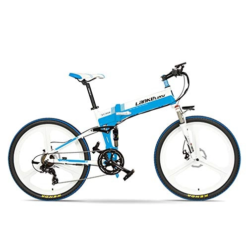 Electric Bike : LANKELEISI XT750-E 26 Inch Folding Electric Bike, Front & Rear Disc Brake, 48V 400W Motor, Long Endurance, with LCD Display, Pedal Assist Bicycle (White Blue, 14.5Ah)