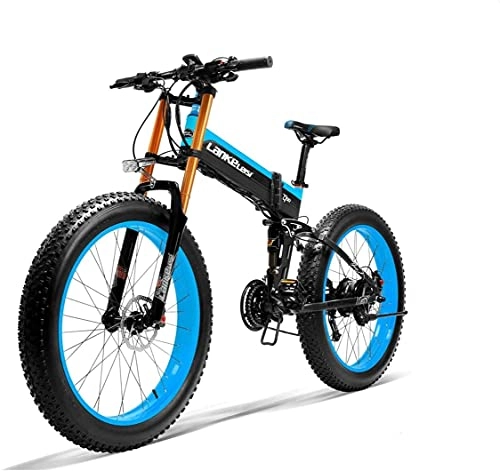 Electric Bike : LANKELEISI XT750 PLUS Electric bicycle, adult electric bicycle with 1000W brushless motor, 26-inch foldable fat tire electric bicycle, 48V 14.5AH with anti-theft device (Blue, No+ Spare battery)