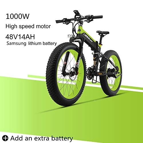 Electric Bike : LANKELEISI XT750PLUS 48V 14AH 1000W Engine New Almighty Powerful Electric Bike 26 '' 4.0 Wholesale Tire Ebike 27 Speed Snow MTB Folding Electric Bike for Adult Female / Male (Green + 1 extra Battery)