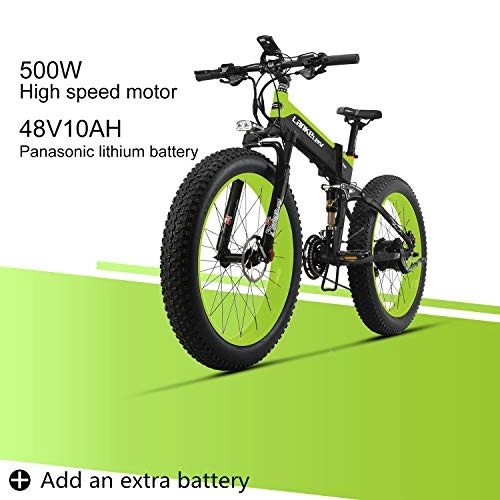 Electric Bike : LANKELEISI XT750PLUS 48V10AH 500W Engine New Almighty Powerful Electric Bike 26 '' 4.0 Wholesale Tire Ebike 27 Speed Snow MTB Folding Electric Bike for Adult Female / Male (Green + 1 extra Battery)