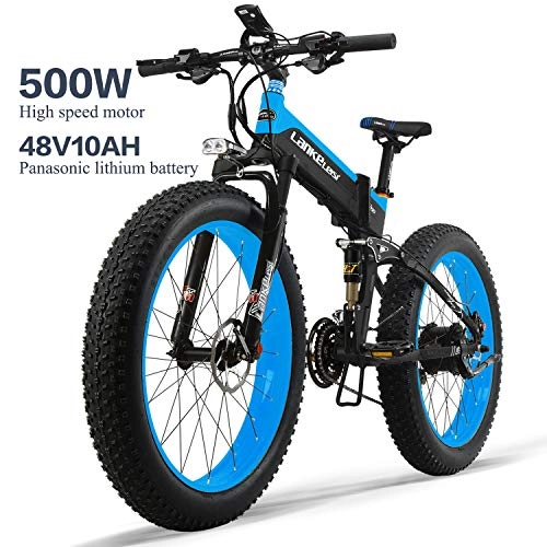 Electric Bike : LANKELEISI XT750PLUS 48V10AH 500W Powerful Electric Bike 26 '' 4.0 Fat Tire Ebike Shimano 27 Speed Snow MTB Folding Electric Bike for Adult Female / Male (Blue)