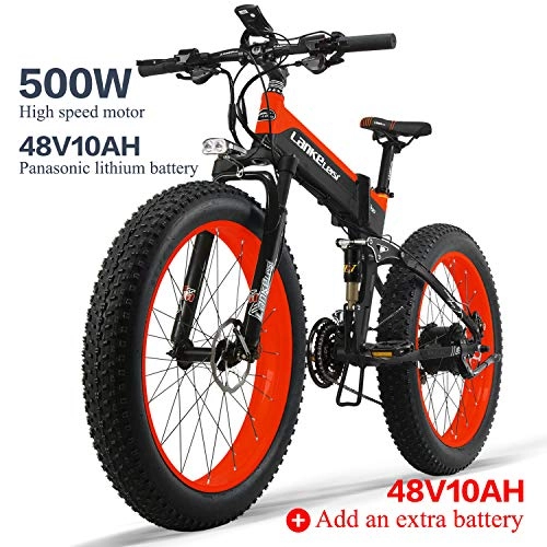 Electric Bike : LANKELEISI XT750PLUS 48V10AH 500W Powerful Electric Bike 26 '' 4.0 Fat Tire Ebike Shimano 27 Speed Snow MTB Folding Electric Bike for Adult Female / Male (Red + 1 extra Battery)