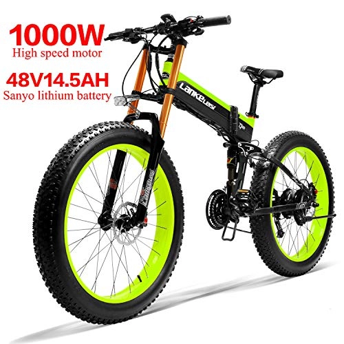 Electric Bike : LANKELEISI XT750PLUS 48V14.5AH 1000W Electric Bike 26 '' 4.0 Fat Tire Ebike SHIMANO 27 Speed Snow MTB Folding Electric Bike for Adult Female / Male (Green)