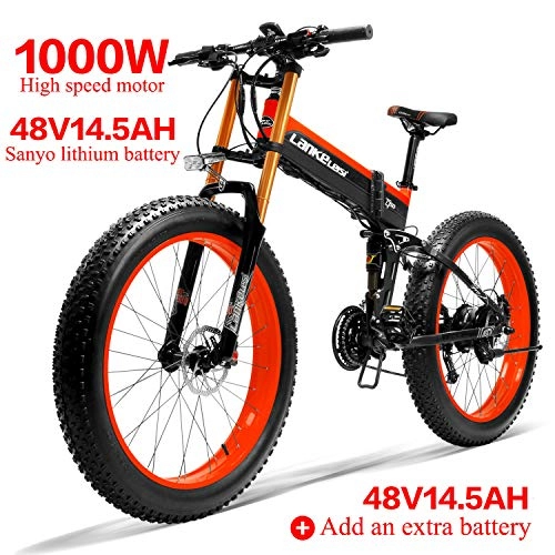 Electric Bike : LANKELEISI XT750PLUS 48V14.5AH 1000W Electric Bike 26 '' 4.0 Fat Tire Ebike SHIMANO 27 Speed Snow MTB Folding Electric Bike for Adult Female / Male (Red + 1 extra Battery)