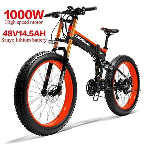 Electric Bike : LANKELEISI XT750PLUS 48V14.5AH 1000W Electric Bike 26 '' 4.0 Fat Tire Ebike SHIMANO 27 Speed Snow MTB Folding Electric Bike for Adult Female / Male (Red)