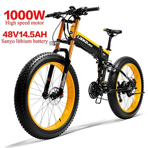 Electric Bike : LANKELEISI XT750PLUS 48V14.5AH 1000W Electric Bike 26 '' 4.0 Fat Tire Ebike SHIMANO 27 Speed Snow MTB Folding Electric Bike for Adult Female / Male (Yellow)