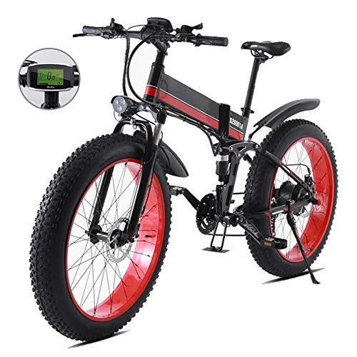 Electric Bike : LAYZYX 1000W Electric Bike, 48V Mens Mountain E bike 21 Speeds 26 inch Fat Tire Road Bicycle Snow Bike Pedals with Hydraulic Disc Brakes and Front Suspension Fork, Removable Lithium Battery, Red1000W