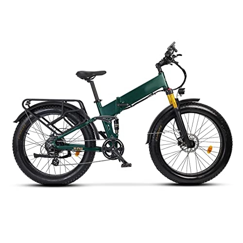 Electric Bike : LDGS ebike Electric Bike For Adults Foldable 26 Inch Fat Tire 18.6 Mph 750W Ebike 48W 14Ah Lithium Battery Full Suspension Electric Bicycle (Color : Matte Green)