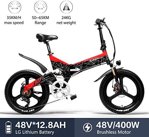Electric Bike : Lincjly 2020 Upgraded G650 Electric Bicycle 20 x 2.4 inch Mountain Bike Folding Electric city Bike for Adult 400w 48v 12.8ah, Free travel (Color : Red)