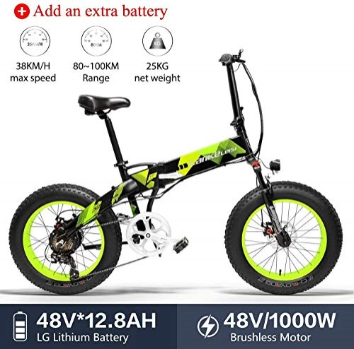 Electric Bike : Lincjly 2020 Upgraded X2000 48V 1000W 12.8AH 20 x 4.0 Inch Fat Tire 7 speed Shifting Lever Electric Bike Foldable, for Adult Female / Male for mountain bike snow bike, Travel freely (Color : Green)