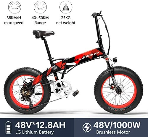 Electric Bike : Lincjly 2020 Upgraded X2000 48V 1000W 12.8AH 20 x 4.0 Inch Fat Tire 7 speed Shifting Lever Electric Bike Foldable, for Adult Female / Male for mountain bike snow bike, Travel freely (Color : Red)