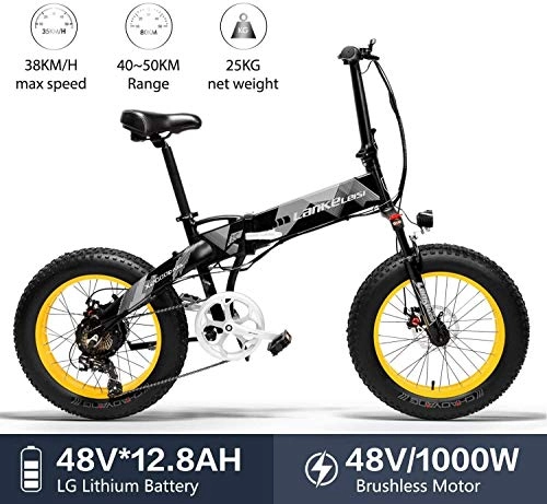 Electric Bike : Lincjly 2020 Upgraded X2000 48V 1000W 12.8AH 20 x 4.0 Inch Fat Tire 7 speed Shifting Lever Electric Bike Foldable, for Adult Female / Male for mountain bike snow bike, Travel freely (Color : Yellow)