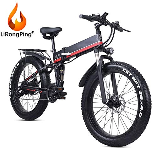 Electric Bike : LiRongPing 48V 1000W Electric Bicycle Folding E-Bike, 26inch 4.0 Fat Tire Electric Mountain Bike, 21 Speeds, 12.8AH Removable Lithium Battery, 1000W Hub Motor (Color : Red)