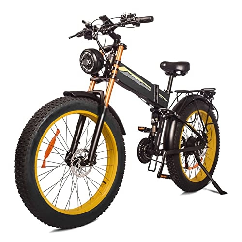 Electric Bike : Liu Electric Bike Foldable for Adults 1000W Motor 48V 14Ah Battery Electric Bicycle 26 Inch Fat Tires Men Mountain Snow Ebike (Color : Yellow)