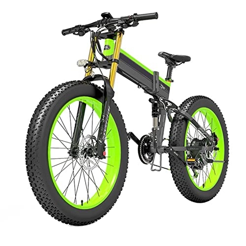 Electric Bike : Liu Electric Bike for Adults 1000w 26 Inches 4. 0 Fat Tire, 40 km / h Electric Mountain Bicycle, with Removable 48v14. 5ah Battery, Professional 27 Speed Gears (Color : Green, Size : 14.5AH)