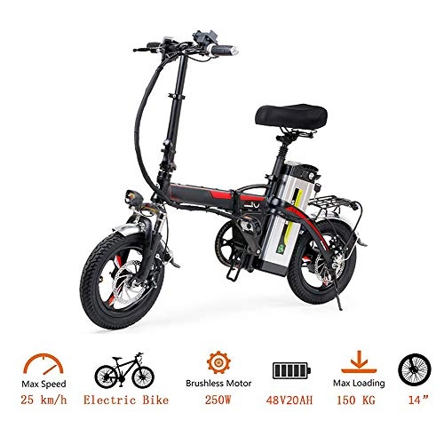 Electric Bike : LIU Folding Electric Bicycle, 48V 20Ah Electric Bike 14 Inch Snow Electric Bike Removable Lithium-ion Battery 400W Urban Commuter Ebike for Adults, Black