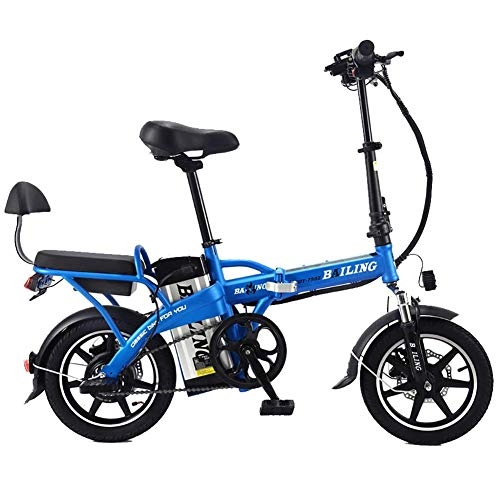 Electric Bike : LIU Folding Electric Bike with Removable 48V 16Ah Lithium-Ion Battery, Lightweight and Aluminum E Bike with with 250W Powerful Motor, Fast Battery Charger (14"), Blue
