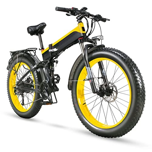 Electric Bike : Liu Folding Electric Bikes for Adults 26 Inch Fat Tire 27 Speed Mountain Ebike 1000W Electric Bicycle with 48V 12.8ah Removable Battery (Color : Black yellow)